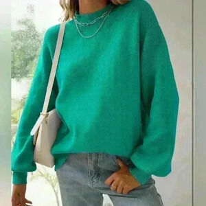 Casual Turtleneck Long Lantern Sleeve Oversized Ribbed Knit Pullover Sweater